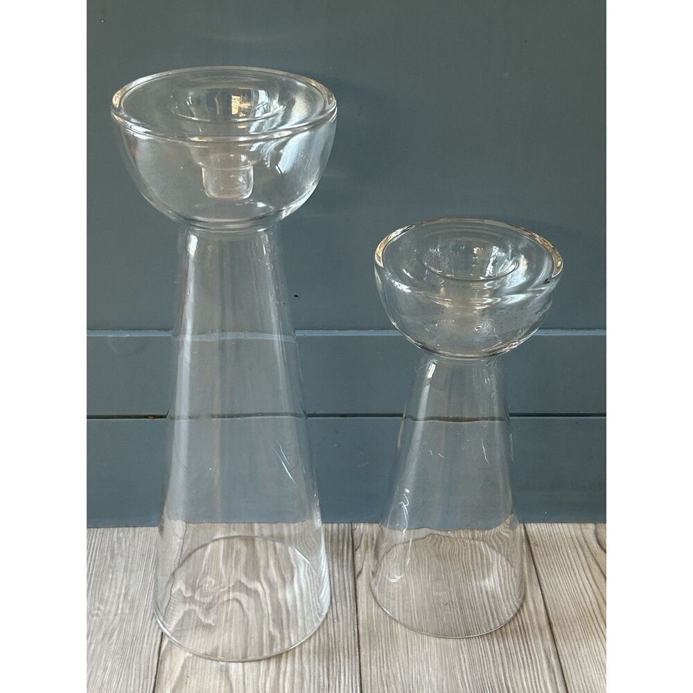 Tall Unbranded 2 Votive /Taper Candle Holders 13 1/5, 10” Clear Glass Preowned